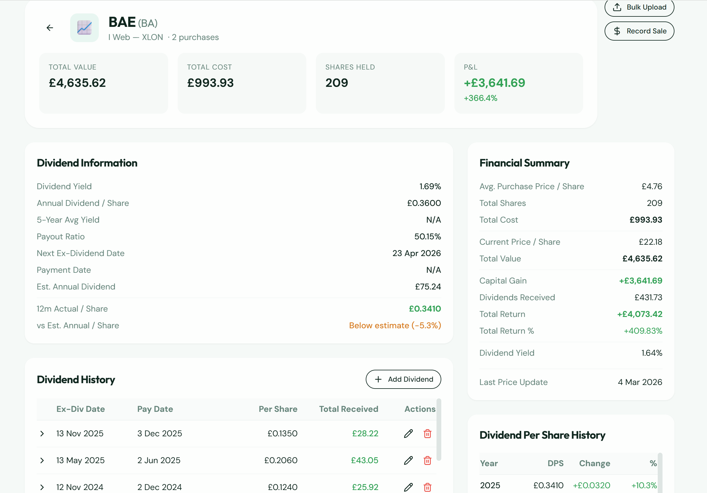Emerald Finance app screenshot showing portfolio tracking